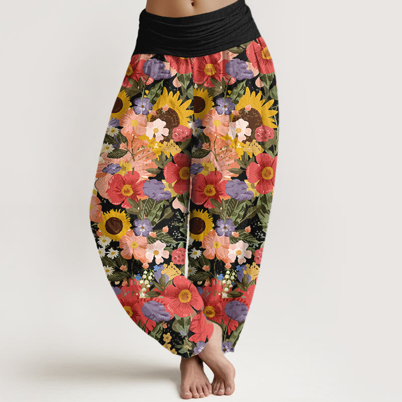 Buddha Stones Pure Cotton Colorful Sunflower Daisy Small Red Purple Flowers Pattern Women's Elastic Waist Harem Pants - Black - US16，UK/AU20，EU48 (3XL) - image 0