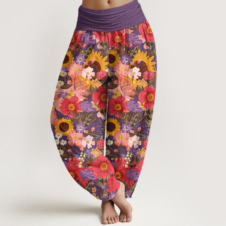 Buddha Stones Pure Cotton Colorful Sunflower Daisy Small Red Purple Flowers Pattern Women's Elastic Waist Harem Pants - DarkOrchid - US16，UK/AU20，EU48 (3XL) - image 5