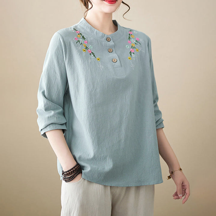Buddha Stones Women's Spring Embroiderd Flower Pattern Stand Collar Long Sleeve Cotton Shirt - image 10
