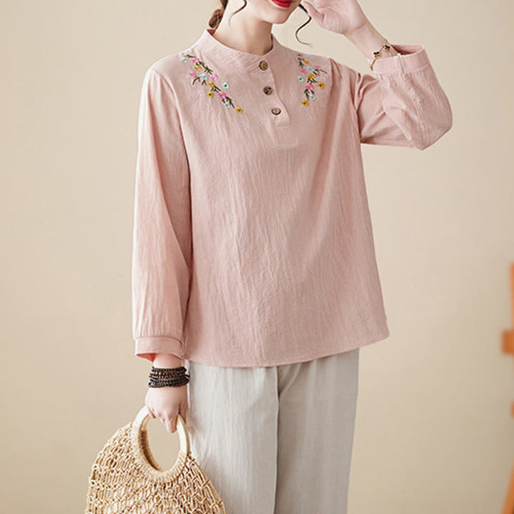 Buddha Stones Women's Spring Embroiderd Flower Pattern Stand Collar Long Sleeve Cotton Shirt - image 2