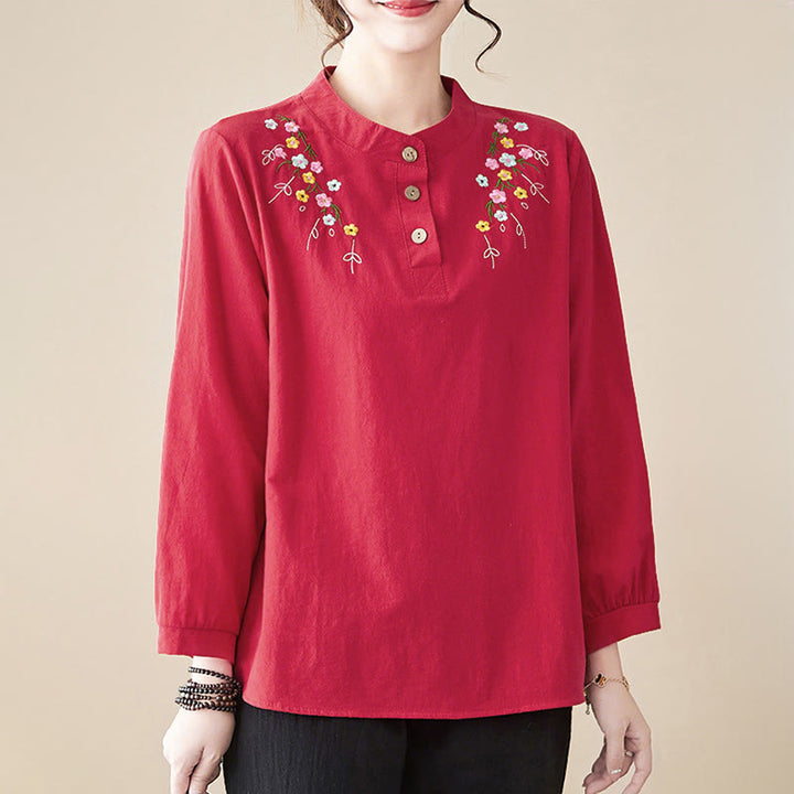 Buddha Stones Women's Spring Embroiderd Flower Pattern Stand Collar Long Sleeve Cotton Shirt - image 22