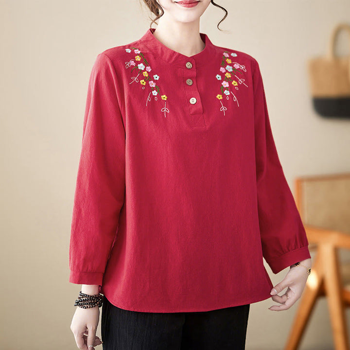 Buddha Stones Women's Spring Embroiderd Flower Pattern Stand Collar Long Sleeve Cotton Shirt - image 23