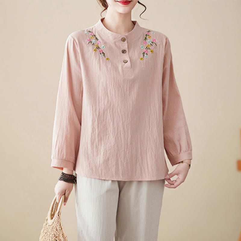 Buddha Stones Women's Spring Embroiderd Flower Pattern Stand Collar Long Sleeve Cotton Shirt - LightPink - US12，UK/AU16，EU44 (3XL) - image 1
