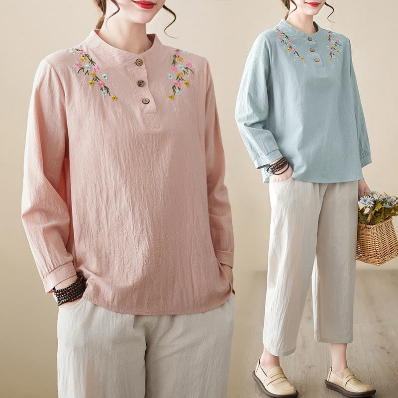 Buddha Stones Women's Spring Embroiderd Flower Pattern Stand Collar Long Sleeve Cotton Shirt - image 27