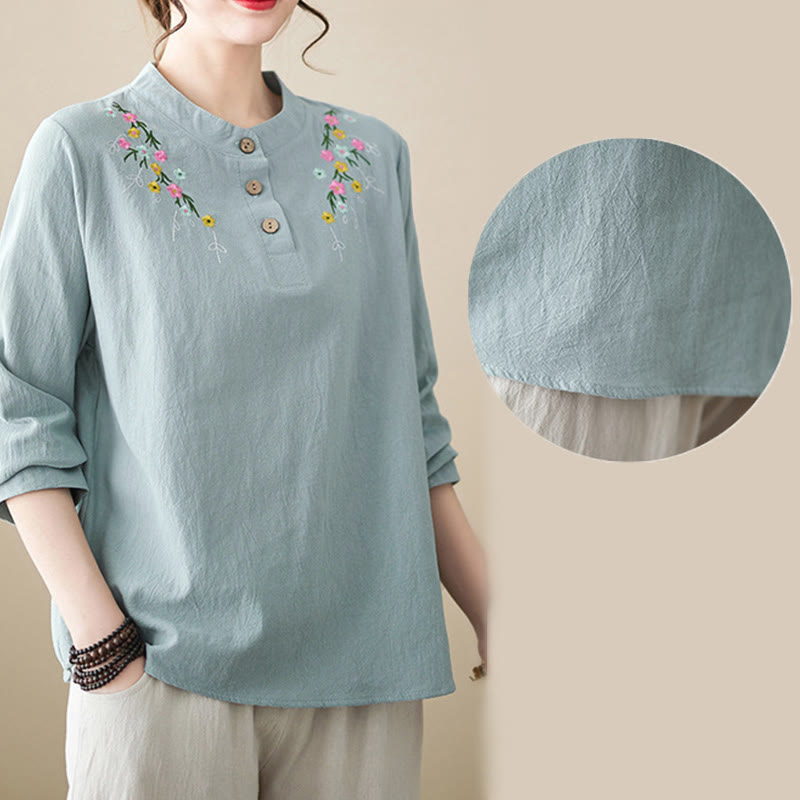 Buddha Stones Women's Spring Embroiderd Flower Pattern Stand Collar Long Sleeve Cotton Shirt - image 19