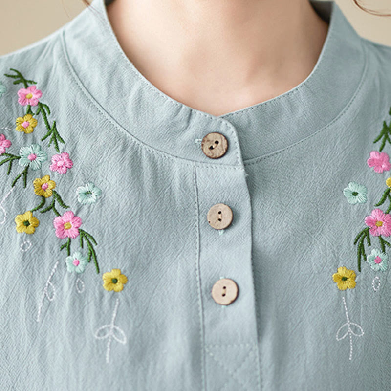 Buddha Stones Women's Spring Embroiderd Flower Pattern Stand Collar Long Sleeve Cotton Shirt - image 11