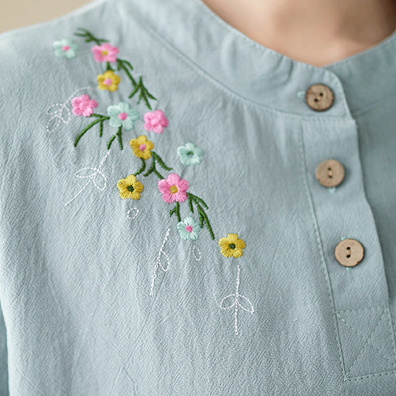 Buddha Stones Women's Spring Embroiderd Flower Pattern Stand Collar Long Sleeve Cotton Shirt - image 13