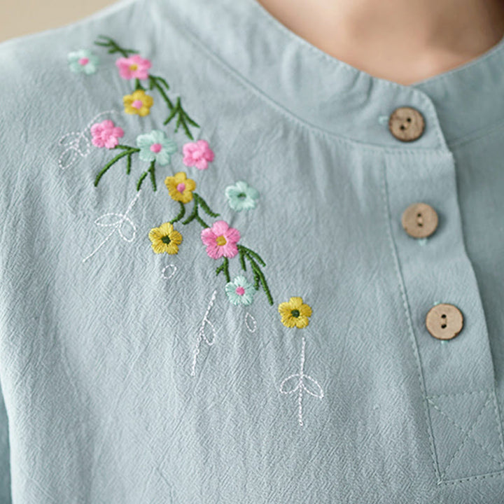 Buddha Stones Women's Spring Embroiderd Flower Pattern Stand Collar Long Sleeve Cotton Shirt - image 13