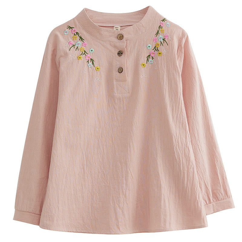 Buddha Stones Women's Spring Embroiderd Flower Pattern Stand Collar Long Sleeve Cotton Shirt - image 4