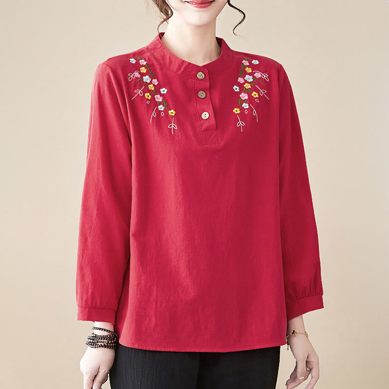 Buddha Stones Women's Spring Embroidered Flower Pattern Stand Collar Long Sleeve Cotton Shirt - image 22