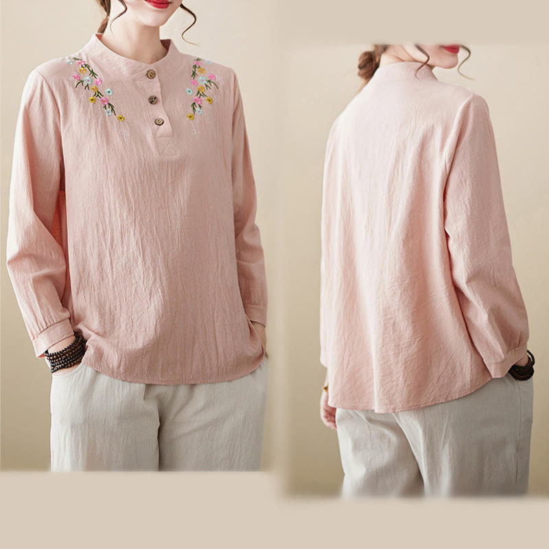 Buddha Stones Women's Spring Embroiderd Flower Pattern Stand Collar Long Sleeve Cotton Shirt - image 3
