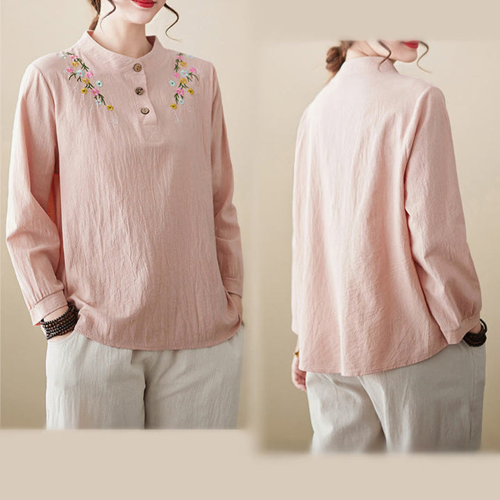 Buddha Stones Women's Spring Embroiderd Flower Pattern Stand Collar Long Sleeve Cotton Shirt - image 3