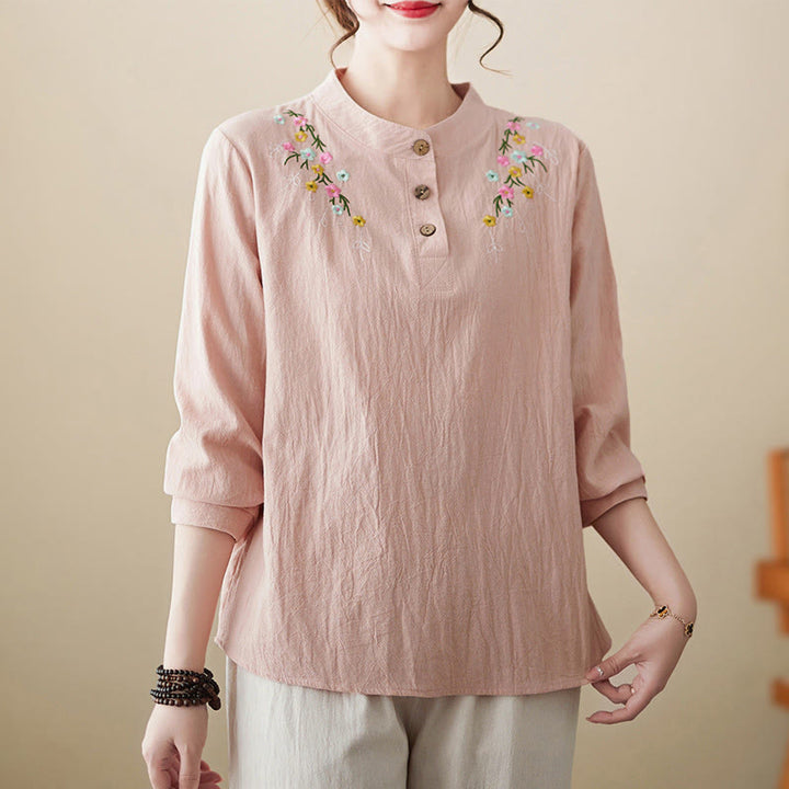 Buddha Stones Women's Spring Embroidered Flower Pattern Stand Collar Long Sleeve Cotton Shirt - image 0