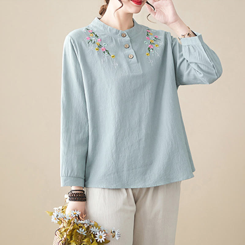 Buddha Stones Women's Spring Embroiderd Flower Pattern Stand Collar Long Sleeve Cotton Shirt - image 8