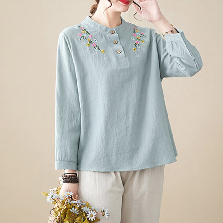 Buddha Stones Women's Spring Embroiderd Flower Pattern Stand Collar Long Sleeve Cotton Shirt - image 8