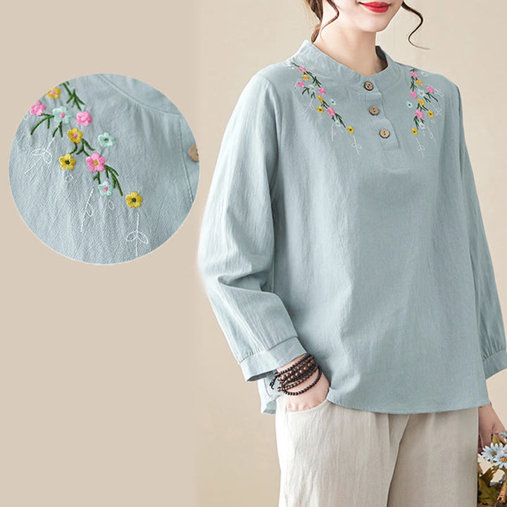 Buddha Stones Women's Spring Embroiderd Flower Pattern Stand Collar Long Sleeve Cotton Shirt - image 18