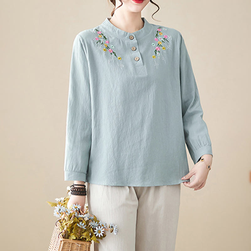 Buddha Stones Women's Spring Embroiderd Flower Pattern Stand Collar Long Sleeve Cotton Shirt - image 7