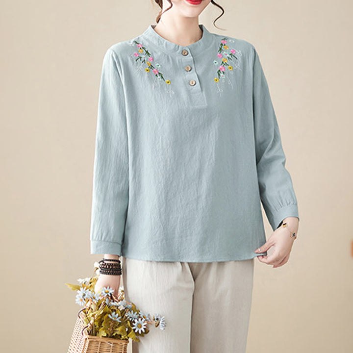 Buddha Stones Women's Spring Embroiderd Flower Pattern Stand Collar Long Sleeve Cotton Shirt - image 7