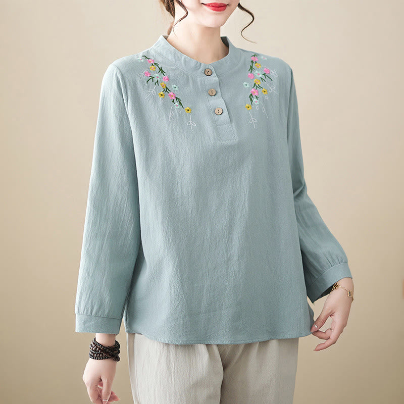 Buddha Stones Women's Spring Embroiderd Flower Pattern Stand Collar Long Sleeve Cotton Shirt - LightBlue - US12，UK/AU16，EU44 (3XL) - image 5