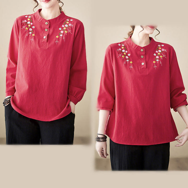 Buddha Stones Women's Spring Embroiderd Flower Pattern Stand Collar Long Sleeve Cotton Shirt - image 24