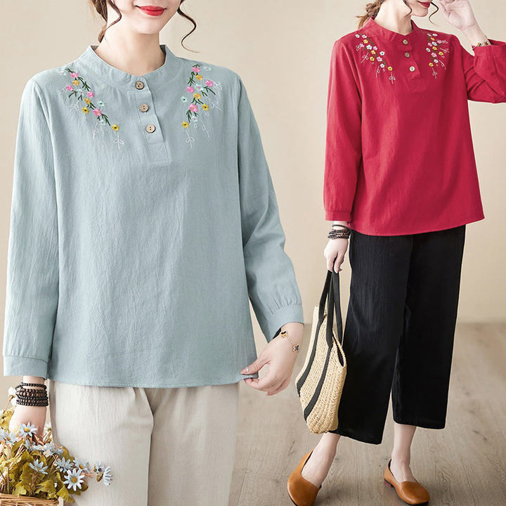Buddha Stones Women's Spring Embroidered Flower Pattern Stand Collar Long Sleeve Cotton Shirt - image 26