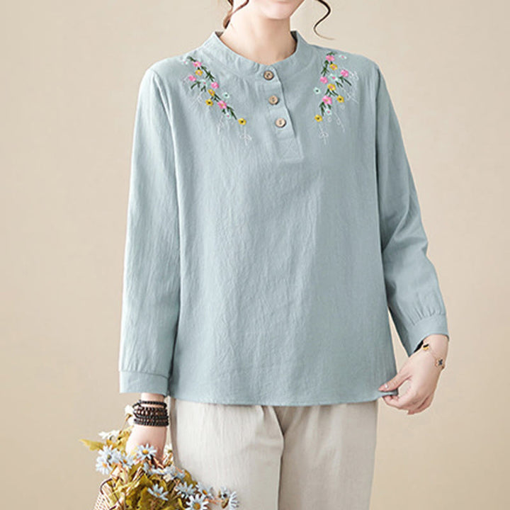 Buddha Stones Women's Spring Embroiderd Flower Pattern Stand Collar Long Sleeve Cotton Shirt - image 9