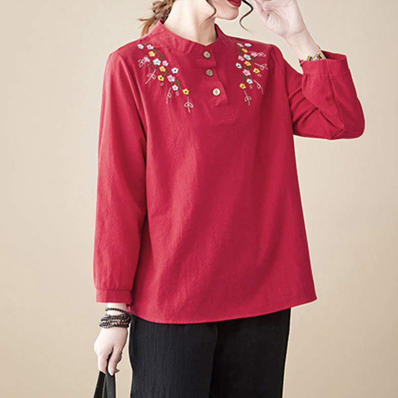 Buddha Stones Women's Spring Embroidered Flower Pattern Stand Collar Long Sleeve Cotton Shirt - image 21