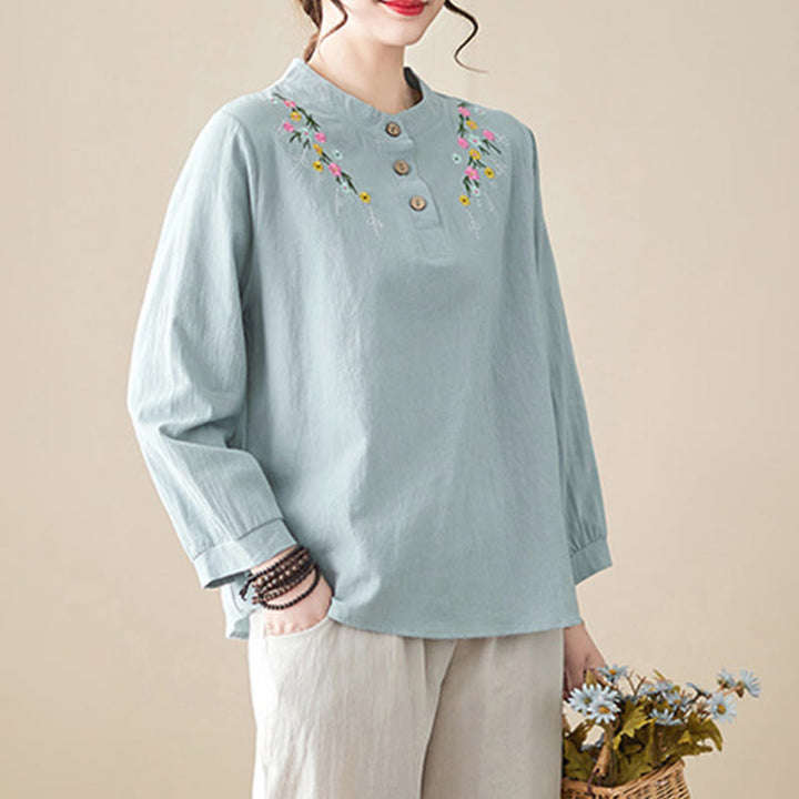 Buddha Stones Women's Spring Embroiderd Flower Pattern Stand Collar Long Sleeve Cotton Shirt - image 6