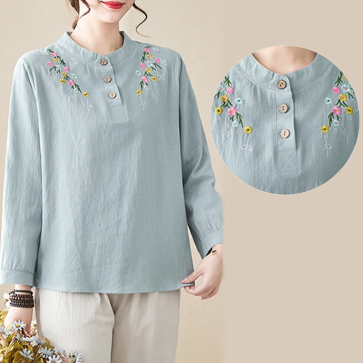 Buddha Stones Women's Spring Embroiderd Flower Pattern Stand Collar Long Sleeve Cotton Shirt - image 17