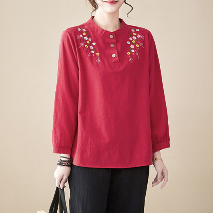 Buddha Stones Women's Spring Embroiderd Flower Pattern Stand Collar Long Sleeve Cotton Shirt - Crimson - US12，UK/AU16，EU44 (3XL) - image 20