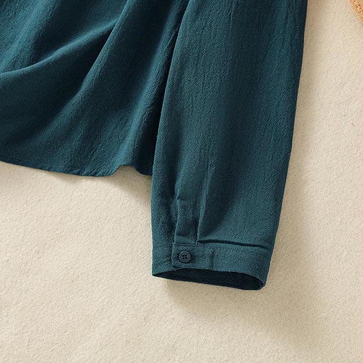 Buddha Stones Women's Spring Retro Plain Simple Embroidery Design Long Sleeve Cotton Shirt With Pocket - image 23