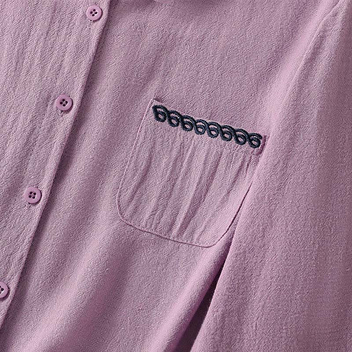 Buddha Stones Women's Spring Retro Plain Simple Embroidery Design Long Sleeve Cotton Shirt With Pocket - image 4