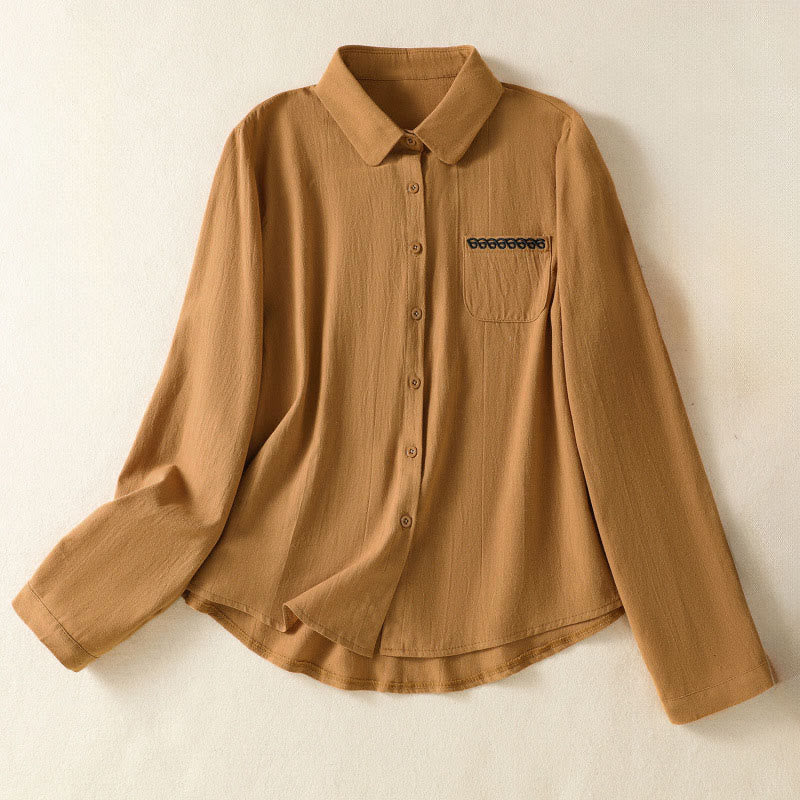 Buddha Stones Women's Spring Retro Plain Simple Embroidery Design Long Sleeve Cotton Shirt With Pocket - DarkGoldenrod - US8-10，UK/AU12-14，EU40-42 (2XL) - image 26