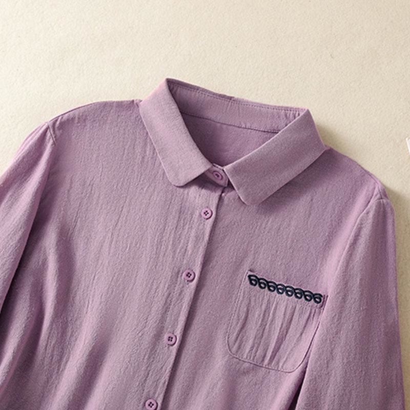 Buddha Stones Women's Spring Retro Plain Simple Embroidery Design Long Sleeve Cotton Shirt With Pocket - image 2