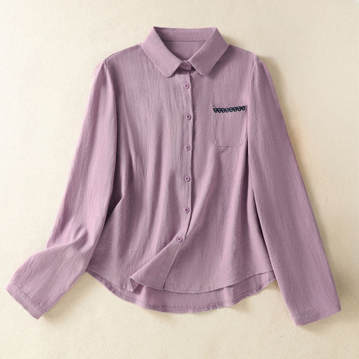 Buddha Stones Women's Spring Retro Plain Simple Embroidery Design Long Sleeve Cotton Shirt With Pocket - Plum - US8-10，UK/AU12-14，EU40-42 (2XL) - image 0