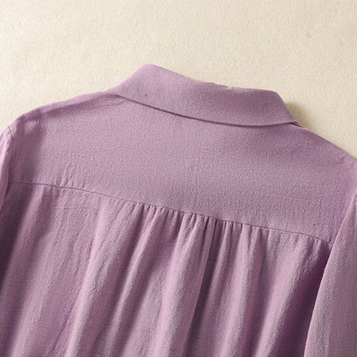 Buddha Stones Women's Spring Retro Plain Simple Embroidery Design Long Sleeve Cotton Shirt With Pocket - image 3