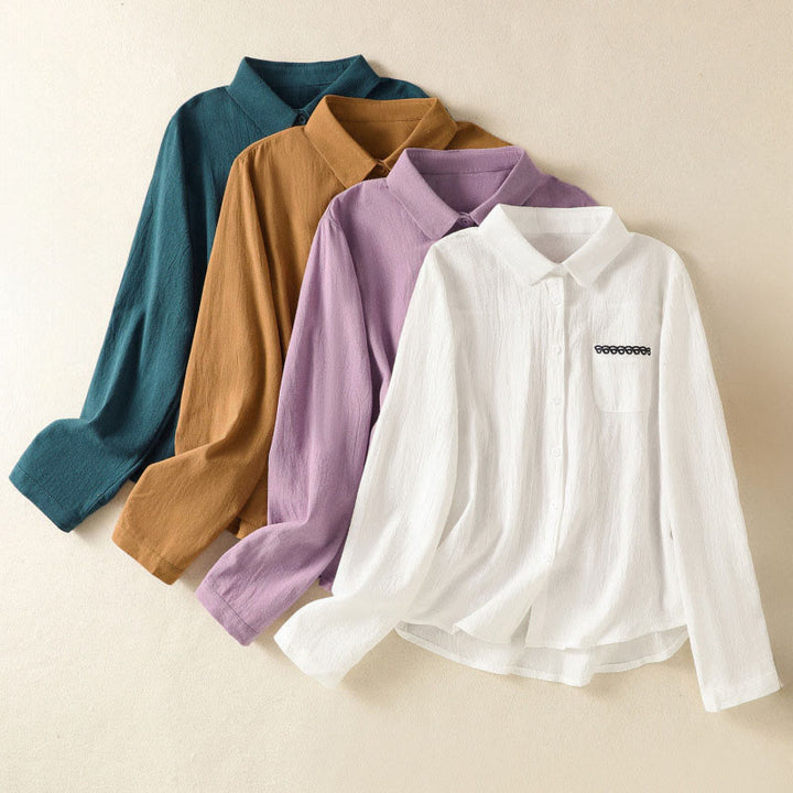 Buddha Stones Women's Spring Retro Plain Simple Embroidery Design Long Sleeve Cotton Shirt With Pocket - image 32