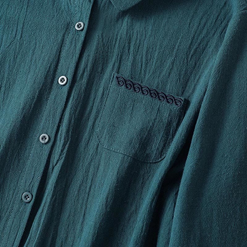 Buddha Stones Women's Spring Retro Plain Simple Embroidery Design Long Sleeve Cotton Shirt With Pocket - image 20