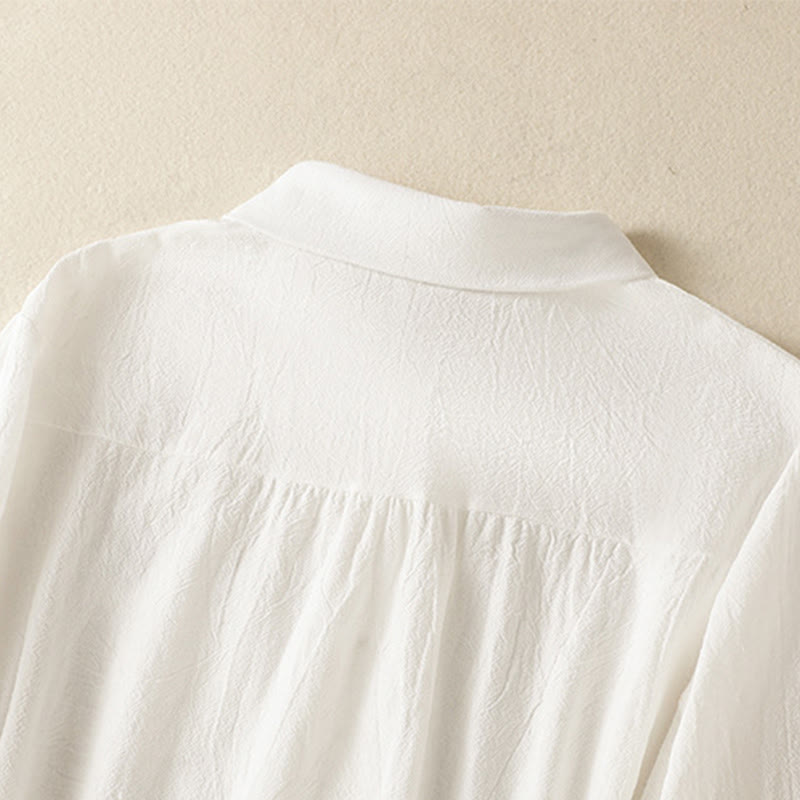 Buddha Stones Women's Spring Retro Plain Simple Embroidery Design Long Sleeve Cotton Shirt With Pocket - image 11