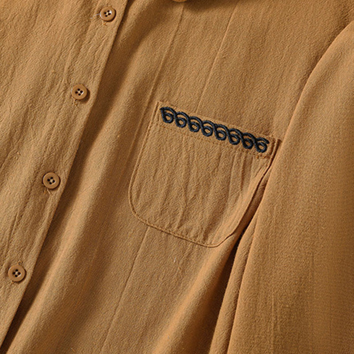 Buddha Stones Women's Spring Retro Plain Simple Embroidery Design Long Sleeve Cotton Shirt With Pocket - image 29