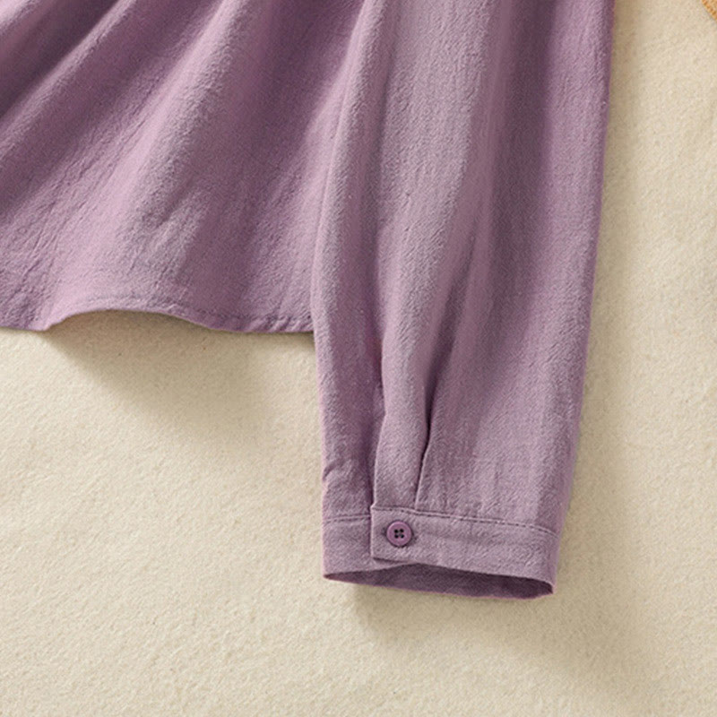 Buddha Stones Women's Spring Retro Plain Simple Embroidery Design Long Sleeve Cotton Shirt With Pocket - image 6