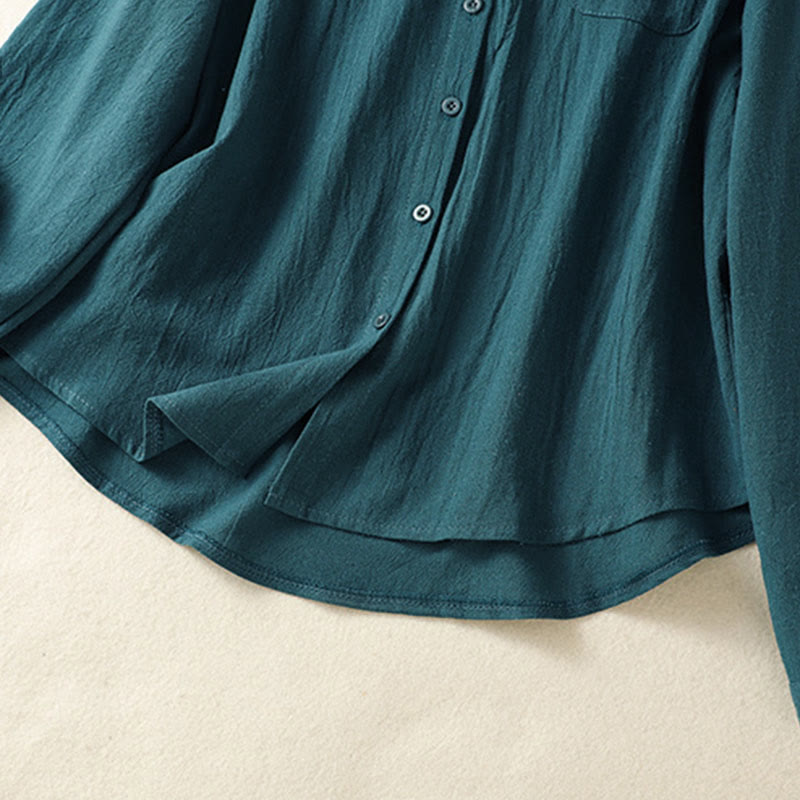 Buddha Stones Women's Spring Retro Plain Simple Embroidery Design Long Sleeve Cotton Shirt With Pocket - image 22