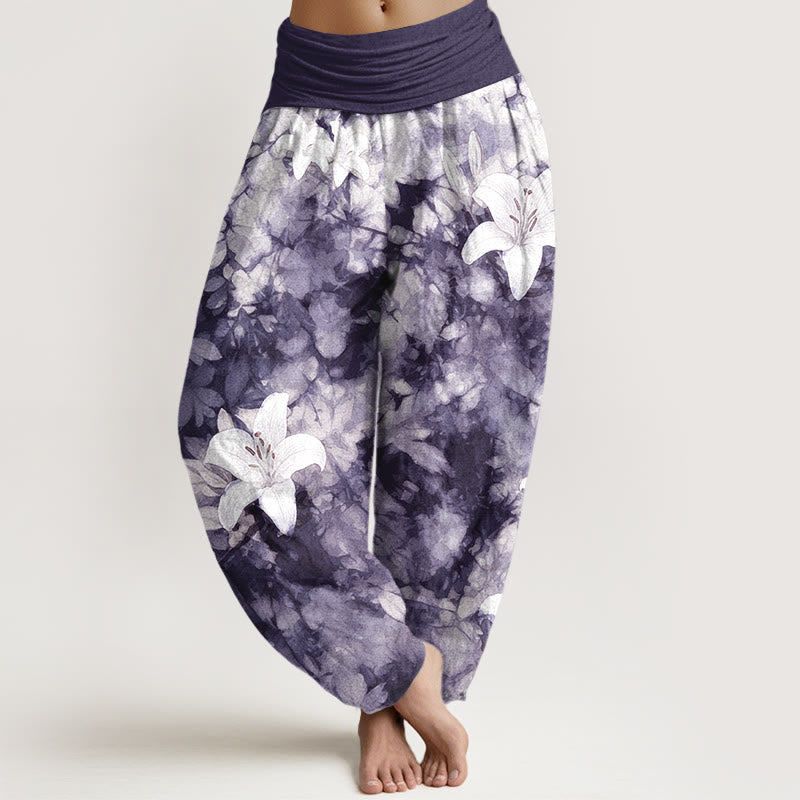 Buddha Stones Pure Cotton Watercolor Style Lily Pattern Women's Elastic Waist Harem Pants - Indigo - US16，UK/AU20，EU48 (3XL) - image 5