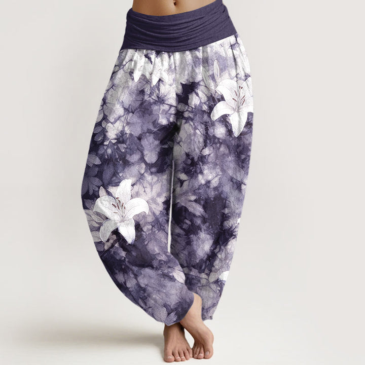 Buddha Stones Pure Cotton Watercolor Style Lily Pattern Women's Elastic Waist Harem Pants - Indigo - US16，UK/AU20，EU48 (3XL) - image 5