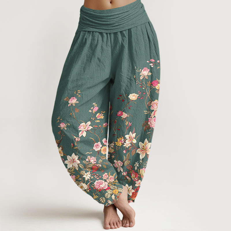 Buddha Stones Pure Cotton Exquisite Colorful Flower Pattern Women's Elastic Waist Harem Pants - MediumSeaGreen - US16，UK/AU20，EU48 (3XL) - image 8