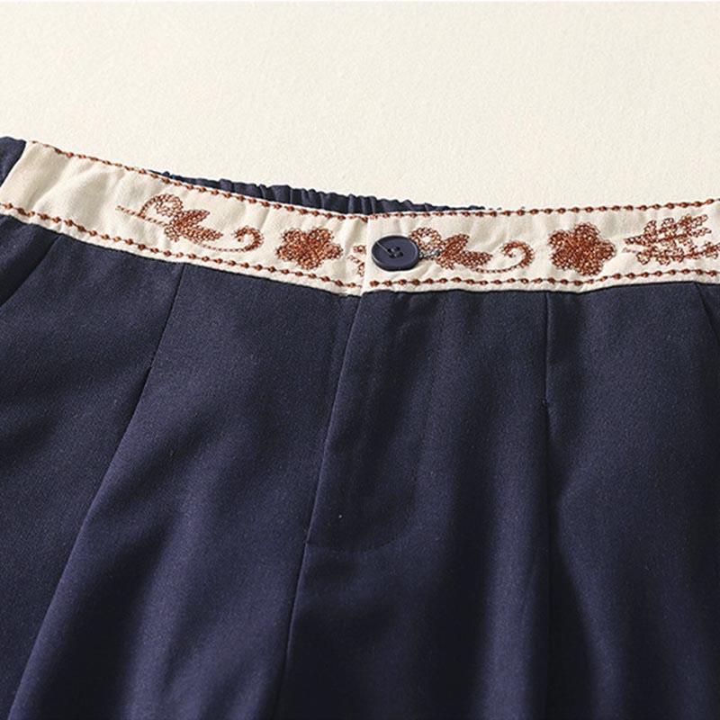 Buddha Stones Women's Embroidery Elastic Waistband Zipper Design Cotton Wide Leg Pants With Pockets - image 17