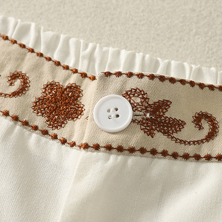 Buddha Stones Women's Embroidery Elastic Waistband Zipper Design Cotton Wide Leg Pants With Pockets - image 3