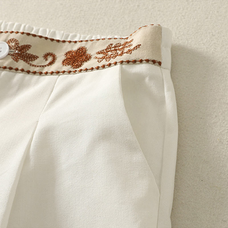 Buddha Stones Women's Embroidery Elastic Waistband Zipper Design Cotton Wide Leg Pants With Pockets - image 5