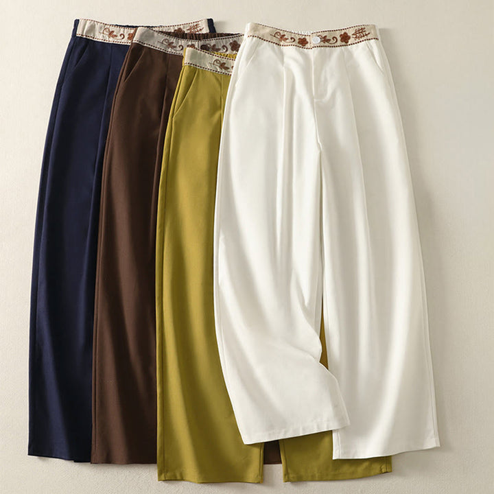 Buddha Stones Women's Embroidery Elastic Waistband Zipper Design Cotton Wide Leg Pants With Pockets - image 0