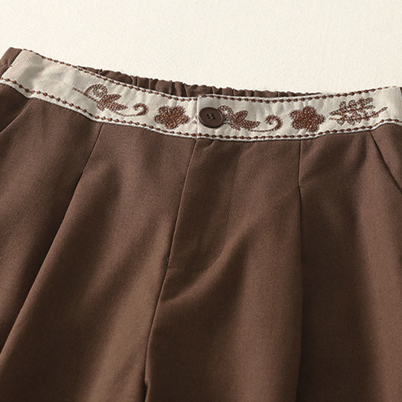 Buddha Stones Women's Embroidery Elastic Waistband Zipper Design Cotton Wide Leg Pants With Pockets - image 23